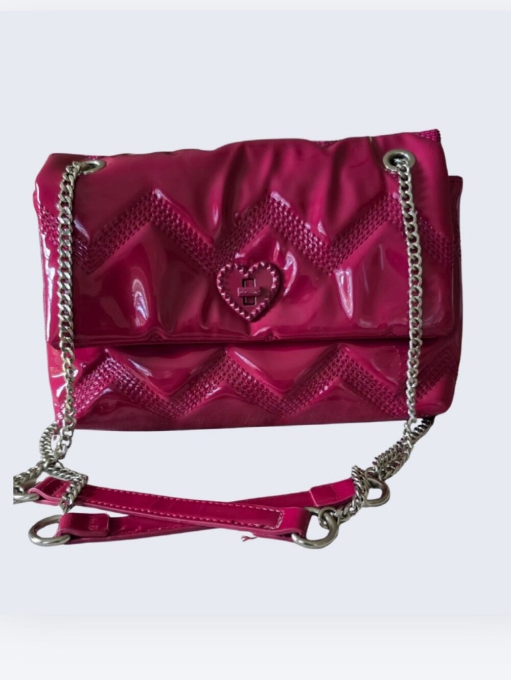 Betsey Johnson Bag Hot Pink Faux Patent Leather Quilted Silver Chain Crossbody